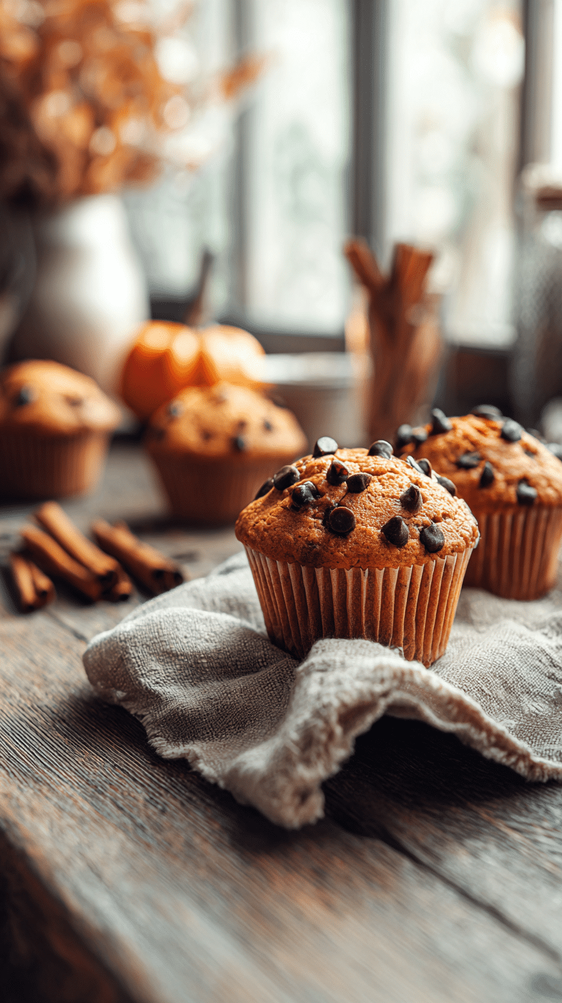 Warm pumpkin chocolate chip muffins on a rustic fall kitchen table.