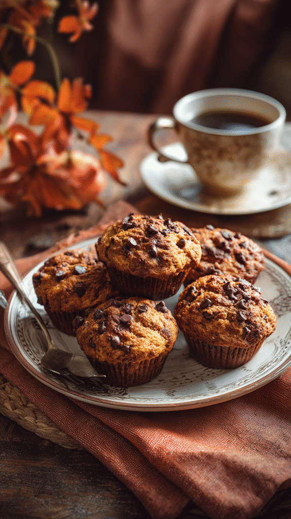 Best Pumpkin Chocolate Chip Muffins for Cozy Mornings 6 Pumpkin chocolate chip muffins arranged on a plate for serving.
