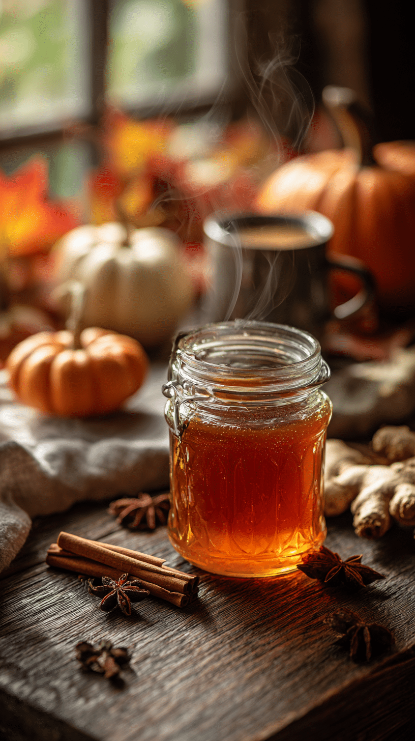 Glass jar of homemade pumpkin spice syrup on a wooden table surrounded by whole spices.