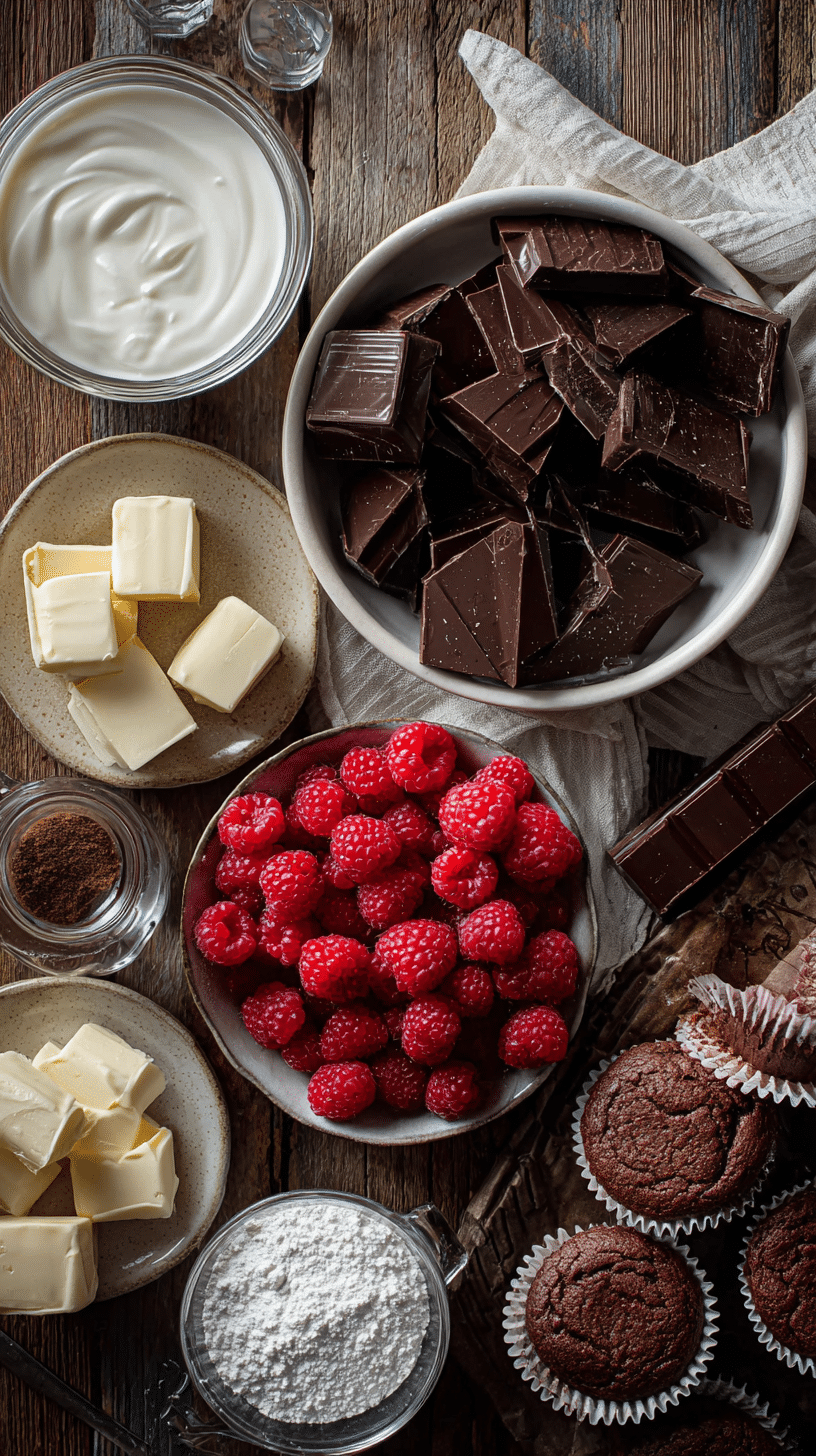 Ingredients for chocolate raspberry mousse cups including dark chocolate, raspberries, heavy cream, powdered sugar, vanilla, cocoa powder, and cupcake liners.