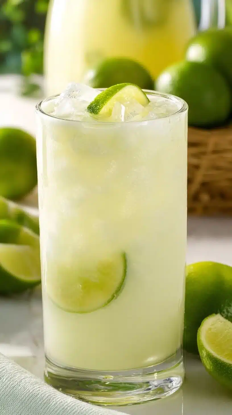 A refreshing glass of Brazilian lemonade garnished with lime and mint.