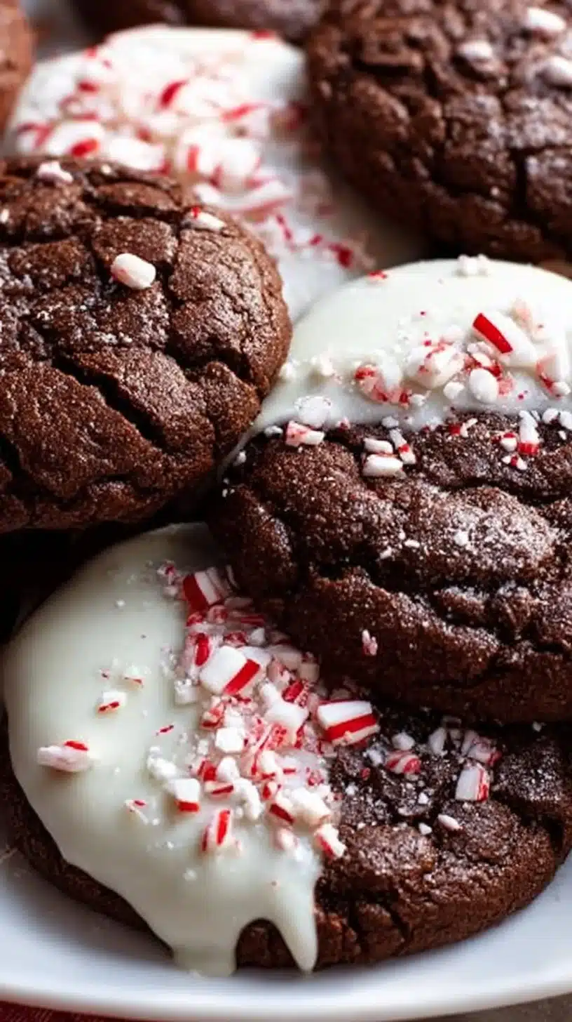 Delicious rich chocolate peppermint cookies stacked on a plate