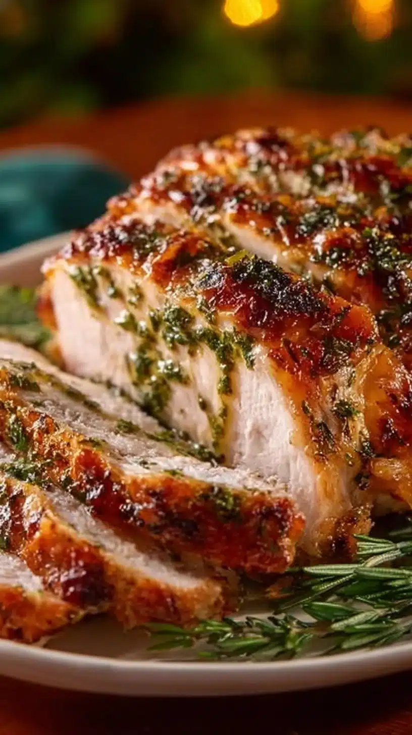 Juicy roasted turkey breast garnished with herbs and served on a platter.