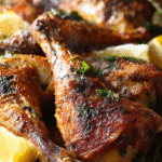 Crispy roasted turkey legs with golden skin served on a platter with herbs and lemon wedges.