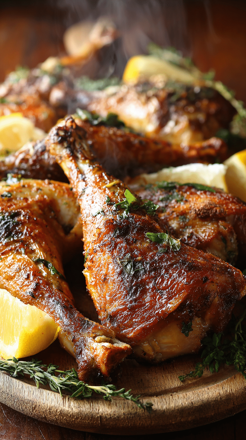 Crispy roasted turkey legs with golden skin served on a platter with herbs and lemon wedges.