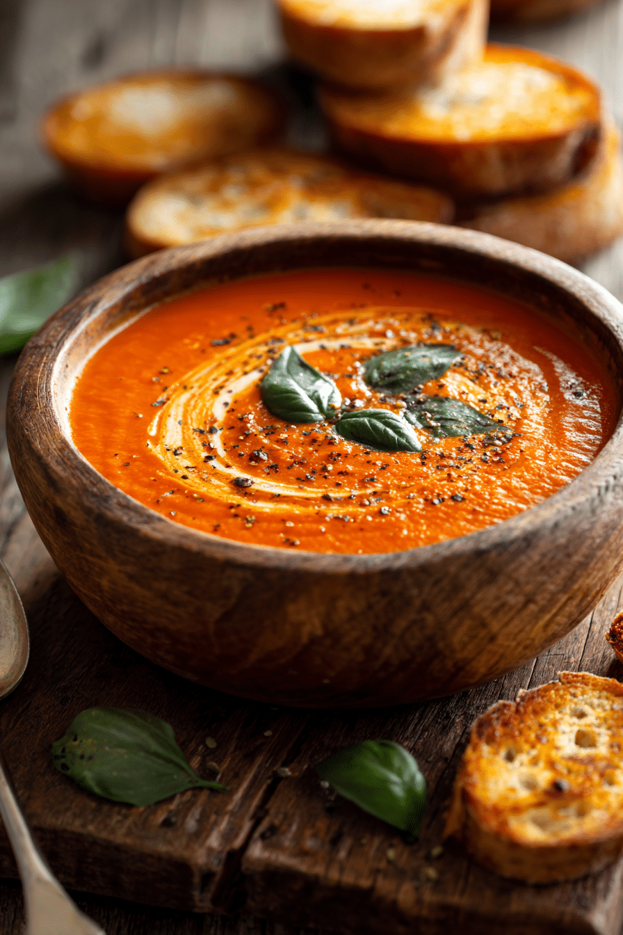 Savory canned roasted red pepper and tomato soup with cream swirl and basil garnish