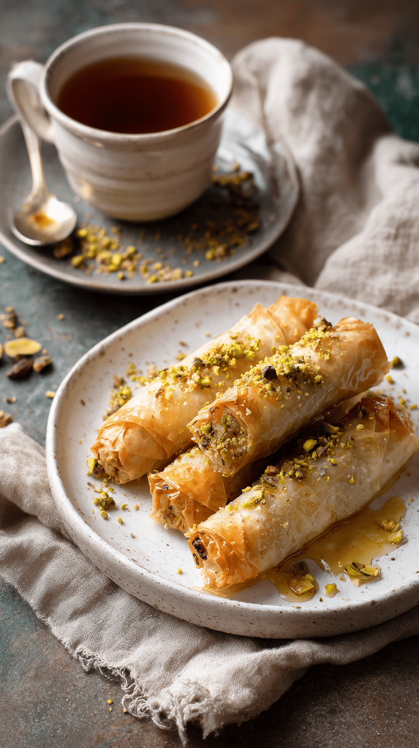 Filo Pastries drizzled with honey and pistachios