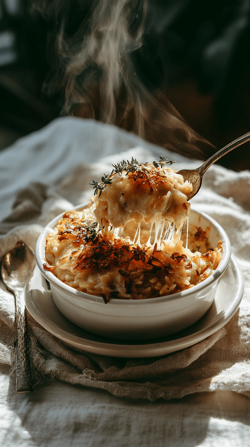 French Onion Chicken Orzo Casserole served in a white bowl