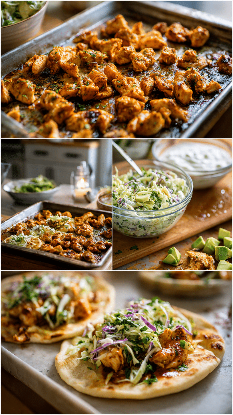 Preparation steps for Sheet Pan Chicken Pitas showing chicken roasting, herby ranch slaw being mixed, and pitas being assembled.
