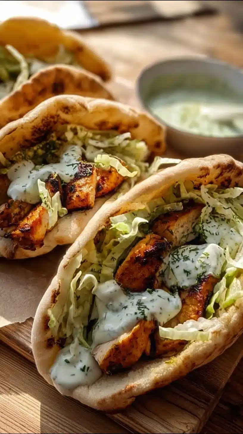 Delicious sheet pan chicken pitas served with herby ranch dressing
