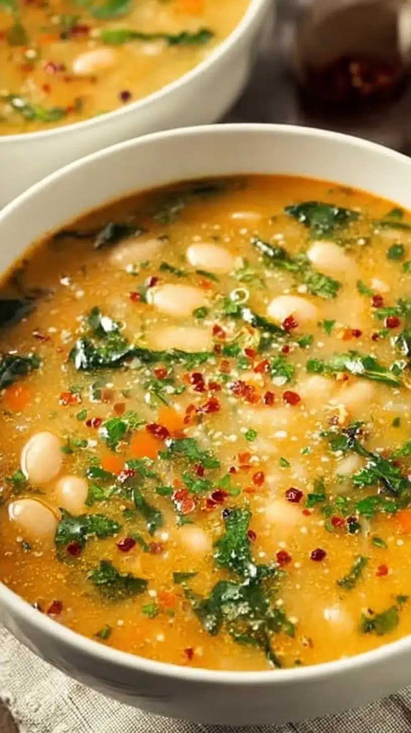 Bowl of simple Tuscan White Bean Soup with rich Italian herbs and beans