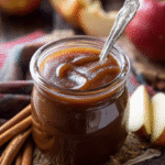 A cozy close-up of a jar of homemade slow cooker apple butter on a wooden table with apples and cinnamon sticks.