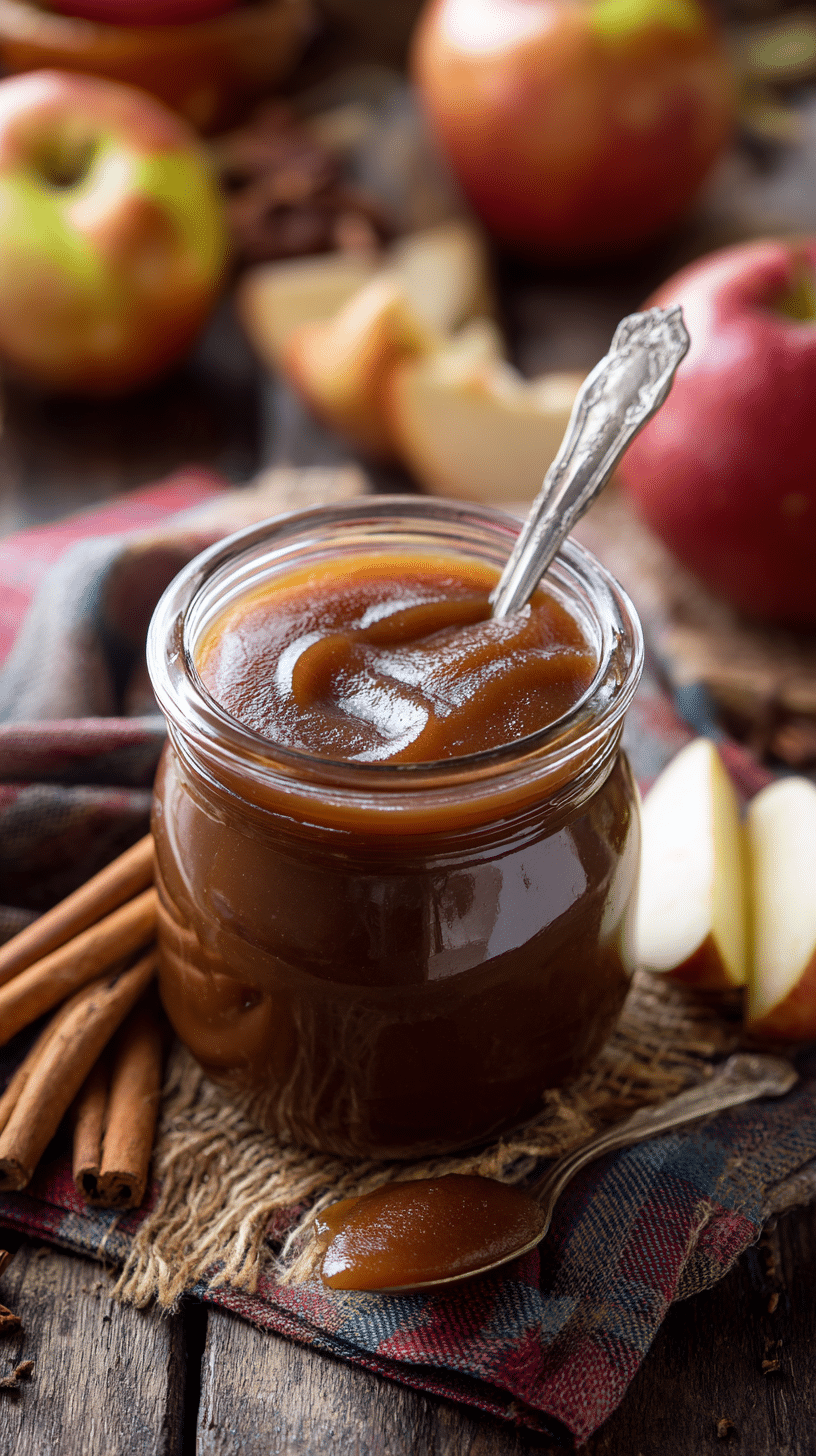 A cozy close-up of a jar of homemade slow cooker apple butter on a wooden table with apples and cinnamon sticks.