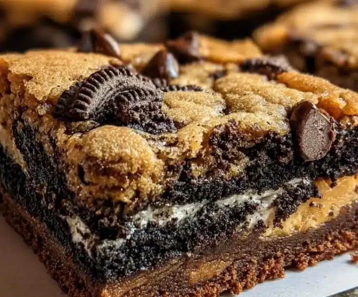 Decadent slutty brownies featuring layers of cookie dough and rich brownie mix