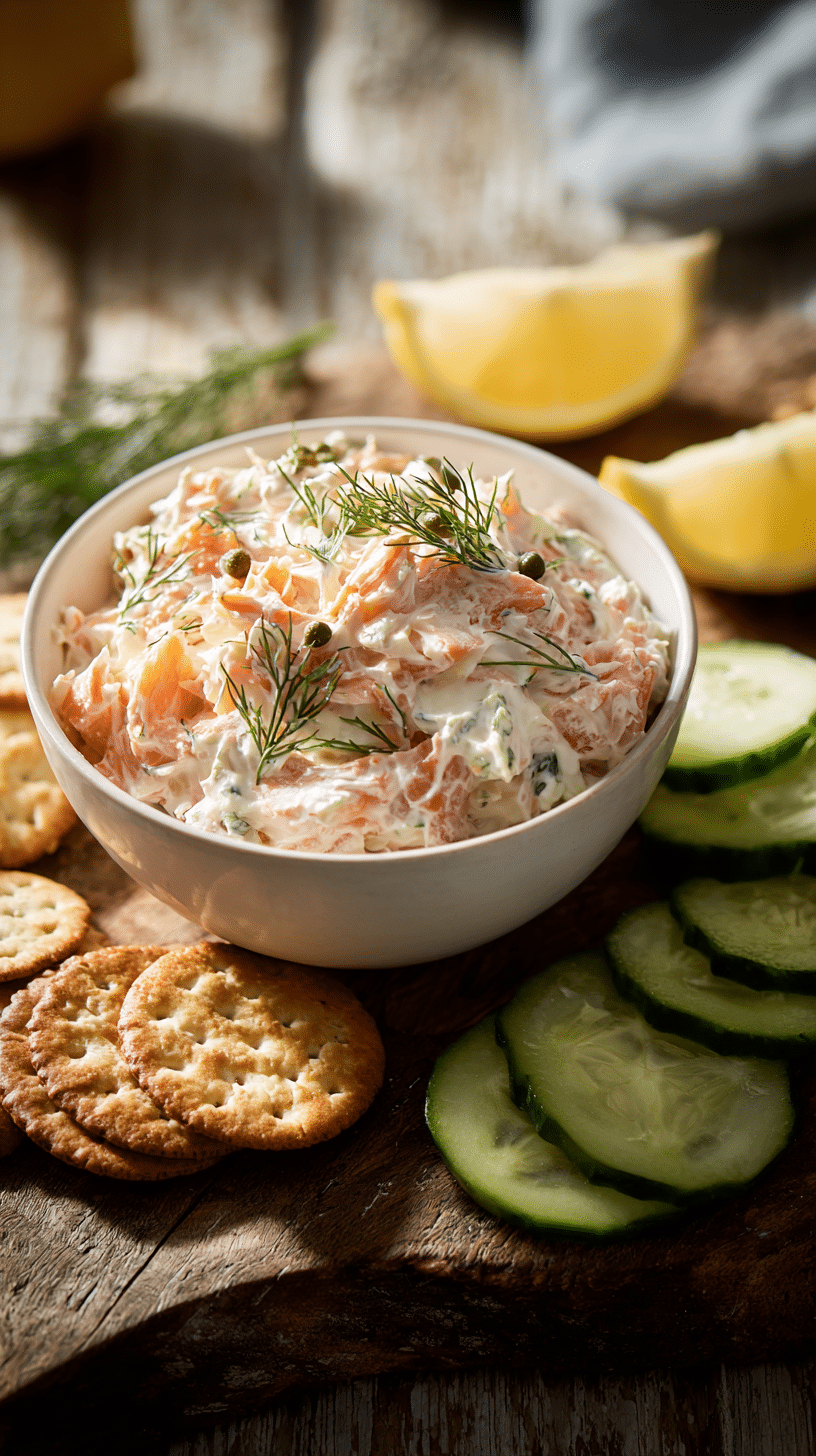 Creamy smoked salmon dip in a white bowl with crackers and cucumbers on a wooden table.