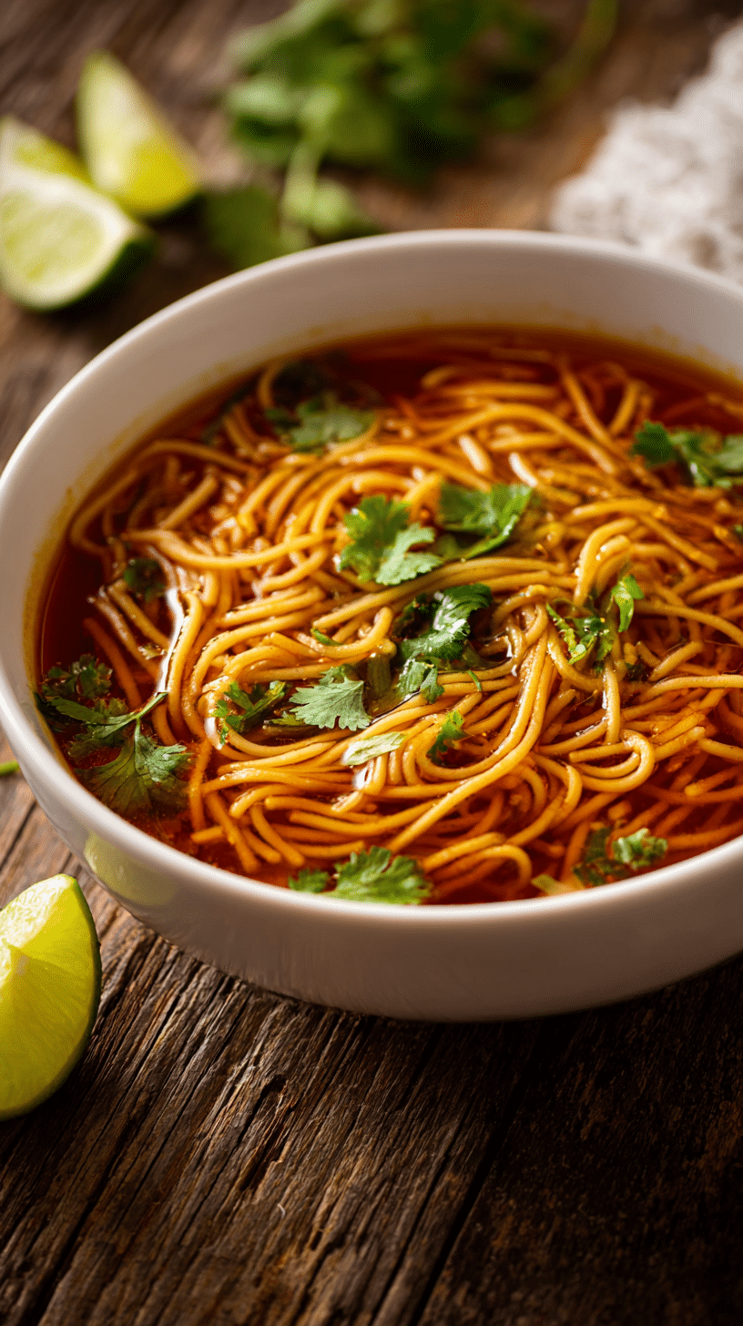 authentic sopa de fideo in a white bowl with tomato broth and cilantro