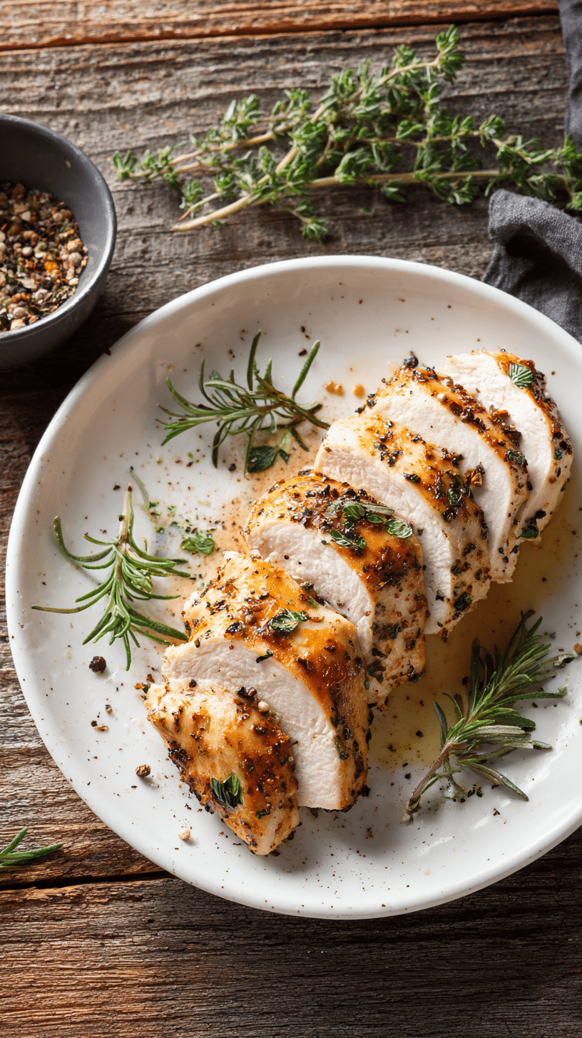 Juicy sliced sous vide chicken breast with golden edges on a white plate.