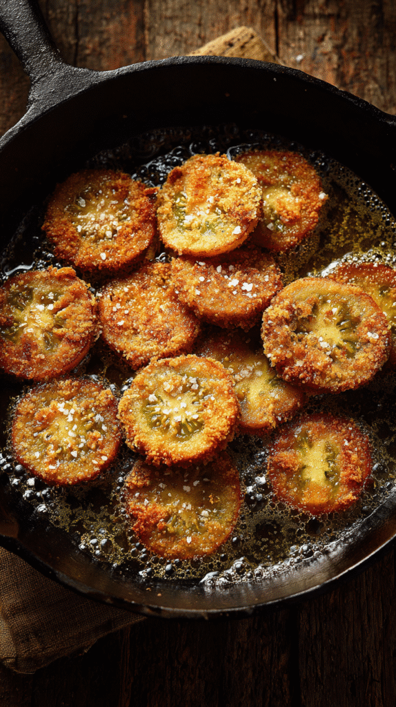 Crispy Fried Green Tomatoes Recipe That Everyone Will Enjoy 7 fried green tomatoes sizzling in a cast iron skillet