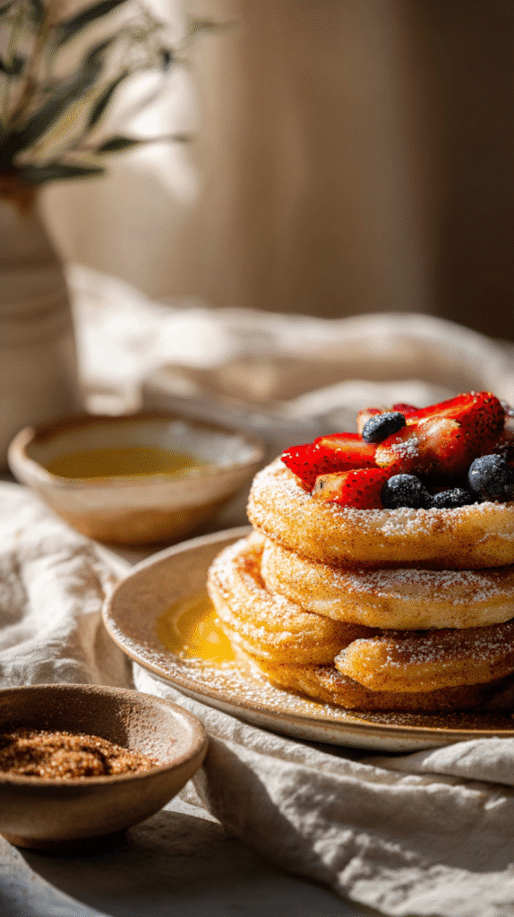 Spanish Churro Pancakes Inspired : A Breakfast Delight! 5 Spanish churro-inspired pancakes served with cinnamon sugar and fresh berries.
