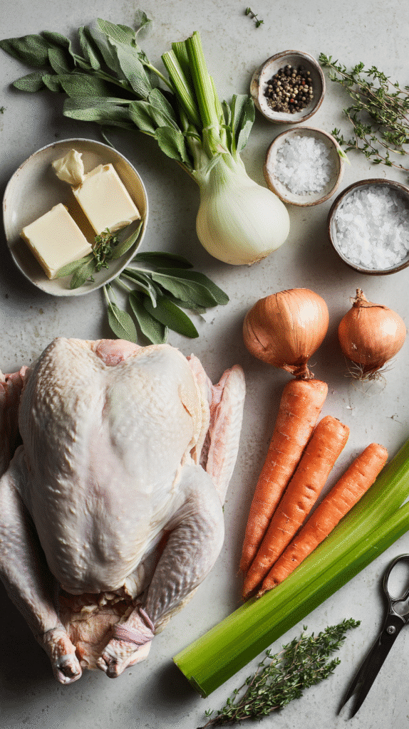 Flat lay of turkey, vegetables, butter, salt, herbs, and seasonings for Spatchcock Turkey