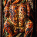 Golden roasted Spatchcock Turkey with crispy skin and herbs on a serving board