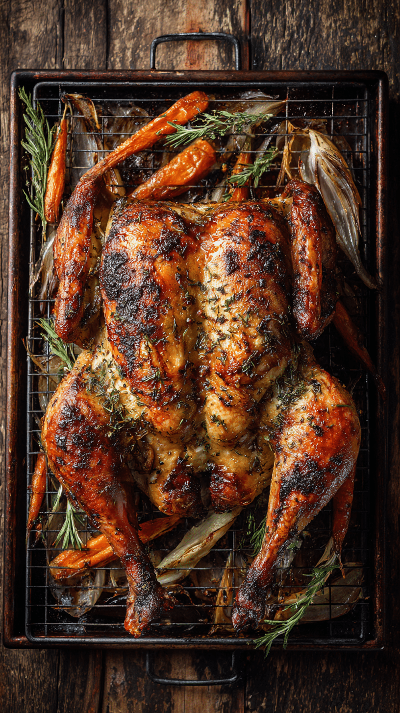 Golden roasted Spatchcock Turkey with crispy skin and herbs on a serving board