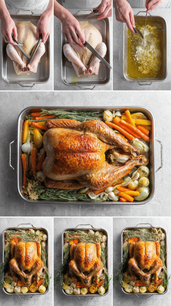 Step-by-step collage showing how to brine, spatchcock, season, and roast a Spatchcock Turkey