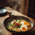 Steaming bowl of special noodle soup with egg, chicken, and scallions