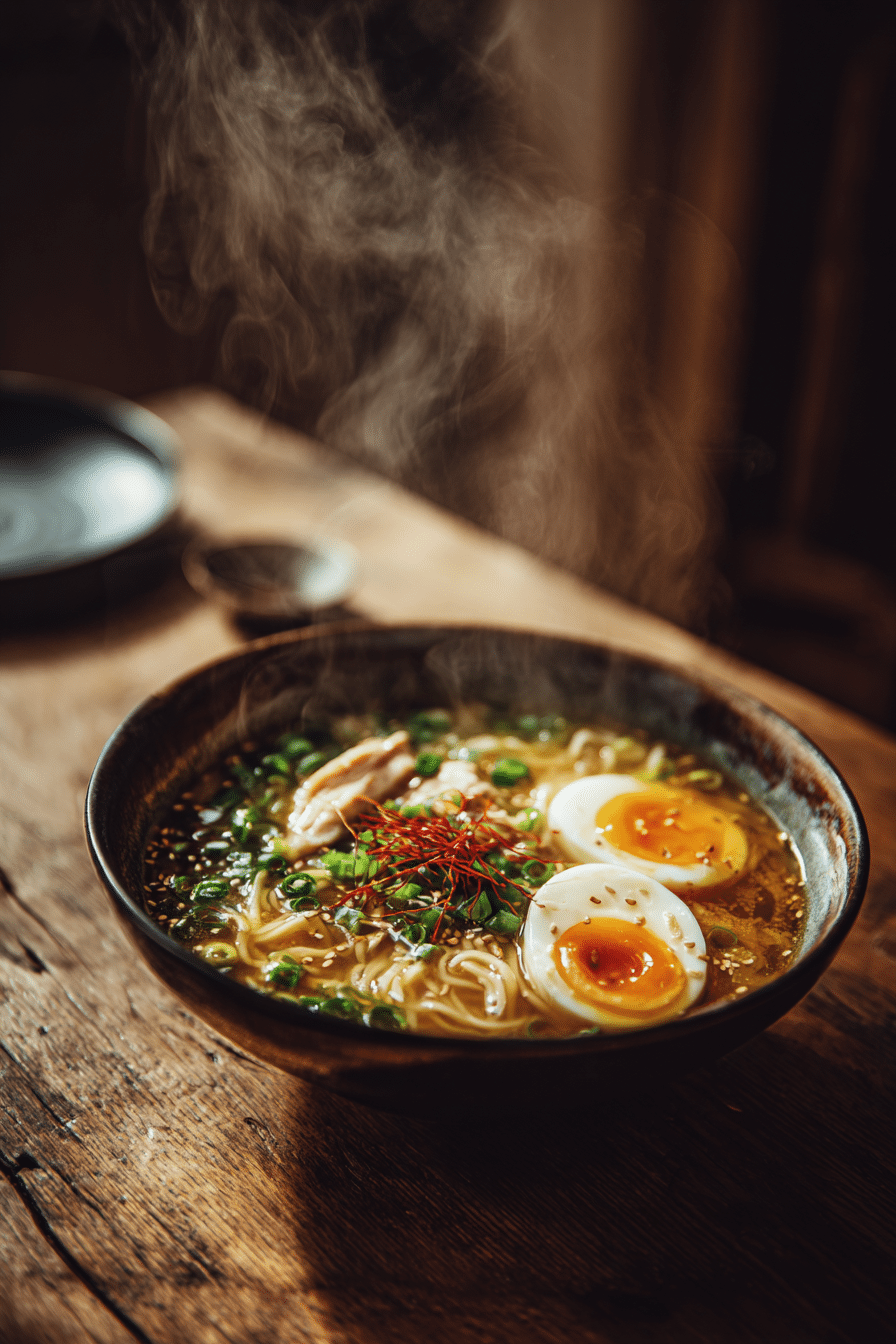 Steaming bowl of special noodle soup with egg, chicken, and scallions