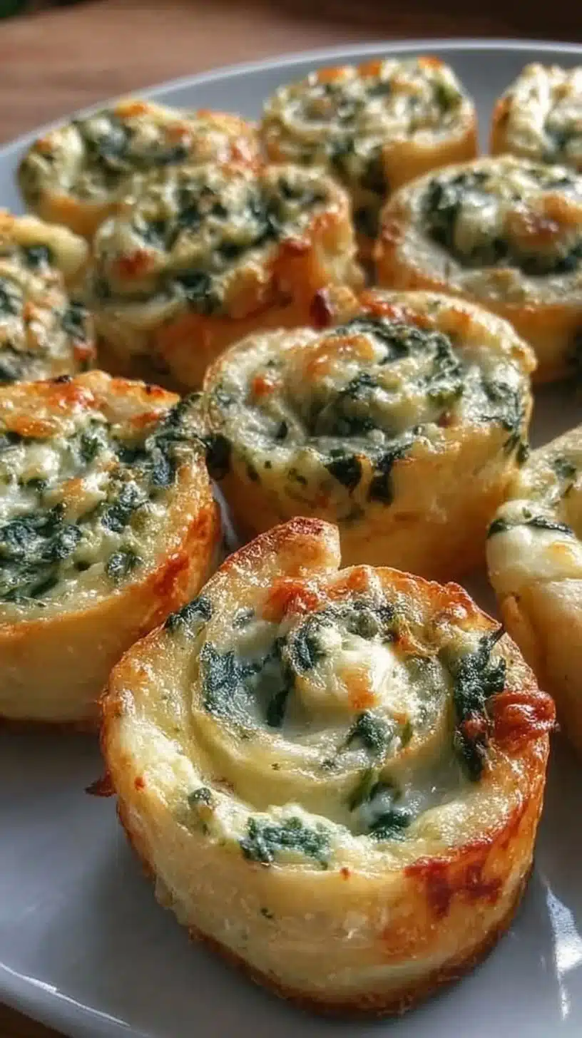 Bite-sized pinwheels filled with creamy spinach dip, perfect for appetizers.