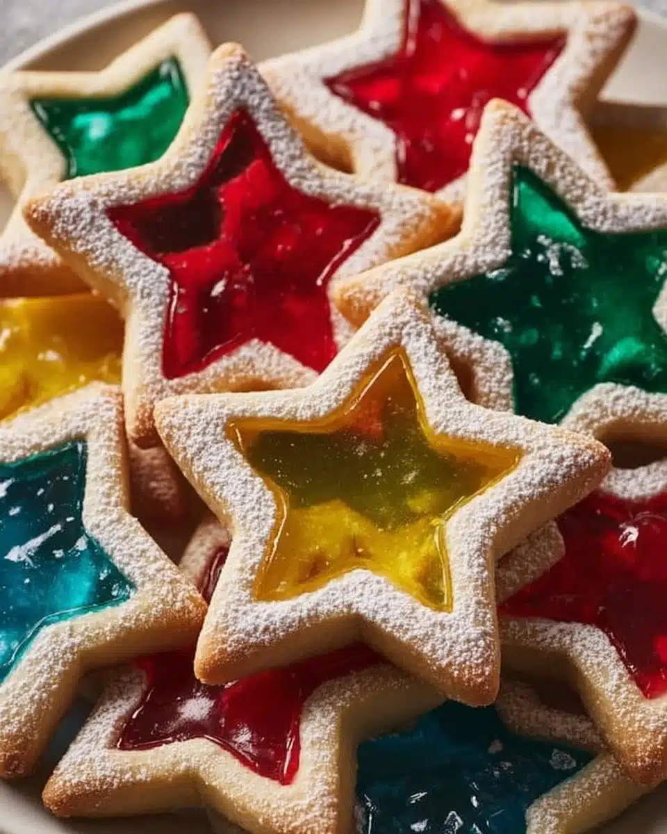 Colorful stained glass cookies decorated in various shapes and sizes