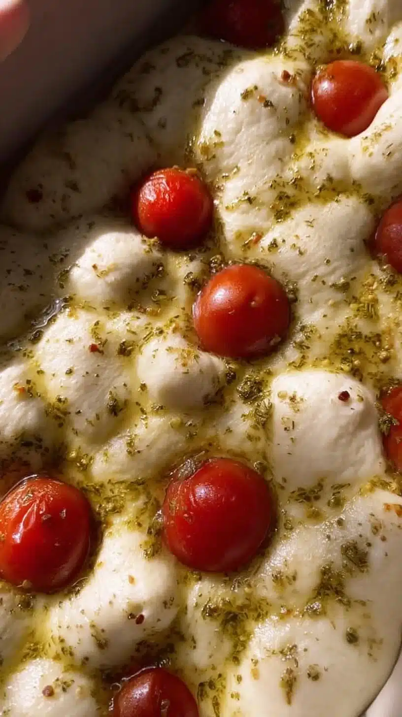 Delicious no-knead focaccia bread fresh out of the oven.