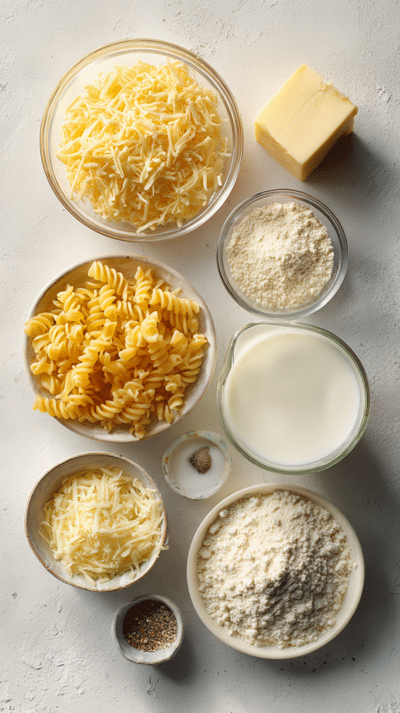 Flat lay of pasta, cheeses, milk, butter, flour, and seasonings for Tini’s Mac and Cheese