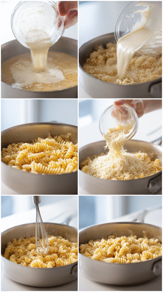 Step-by-step collage showing how to make Tini’s Mac and Cheese from roux to final creamy pasta
