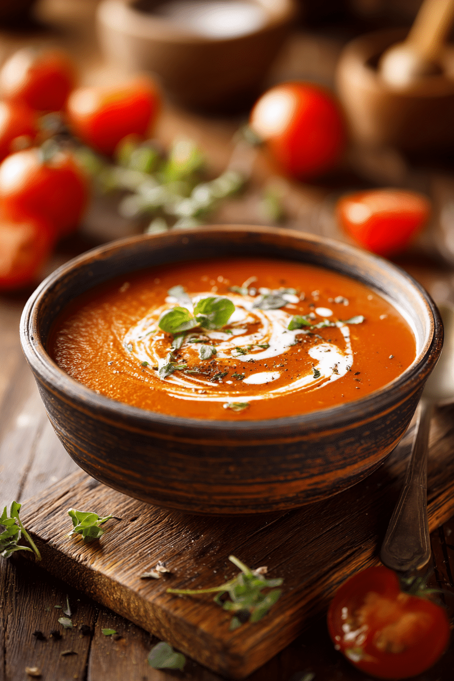 Tomato soup made with fresh tomatoes, topped with cream and basil leaves