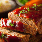 Sliced turkey meatloaf with a glossy ketchup glaze on top, served on a platter with fresh herbs.