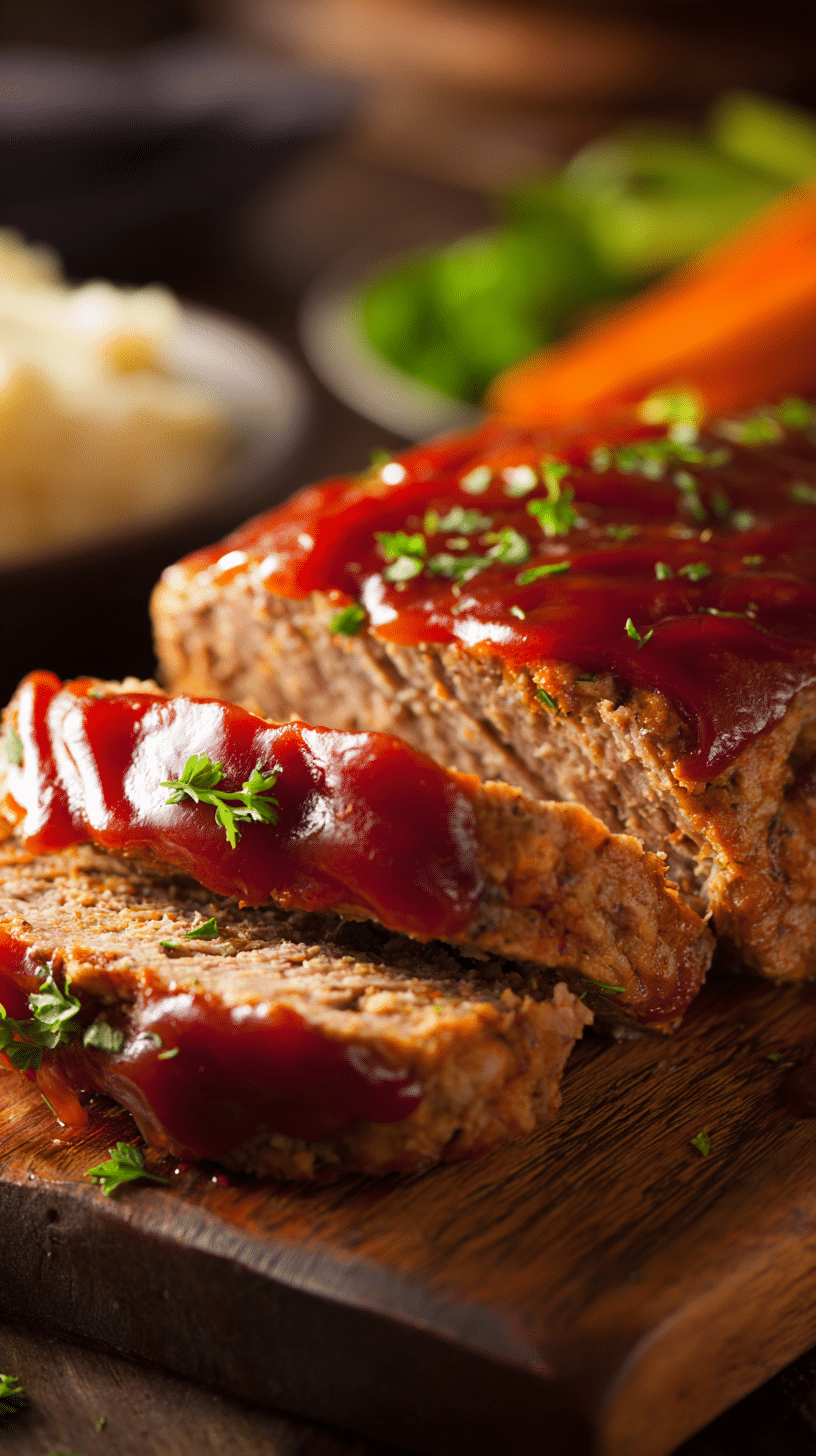 Sliced turkey meatloaf with a glossy ketchup glaze on top, served on a platter with fresh herbs.