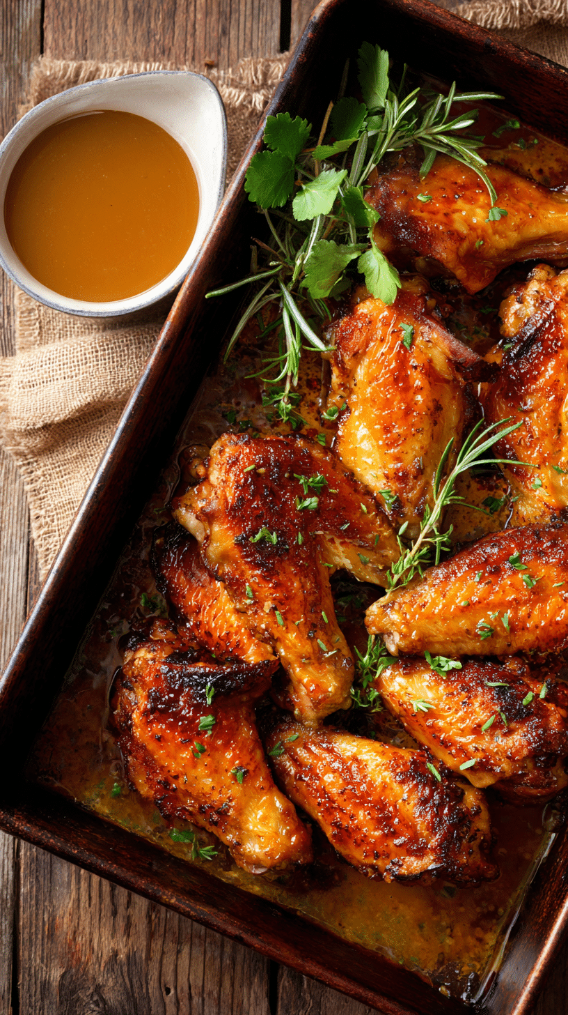 Baked turkey wings with golden crispy skin served with a glossy pan gravy in a rustic roasting pan.