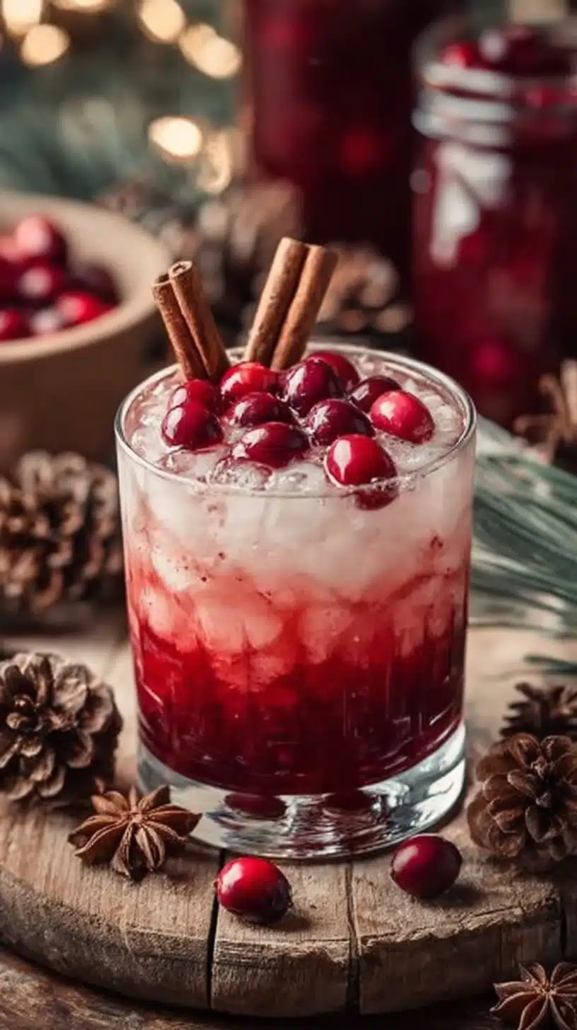 Vanilla Cranberry Crush mocktail in a glass with cranberries and vanilla beans.