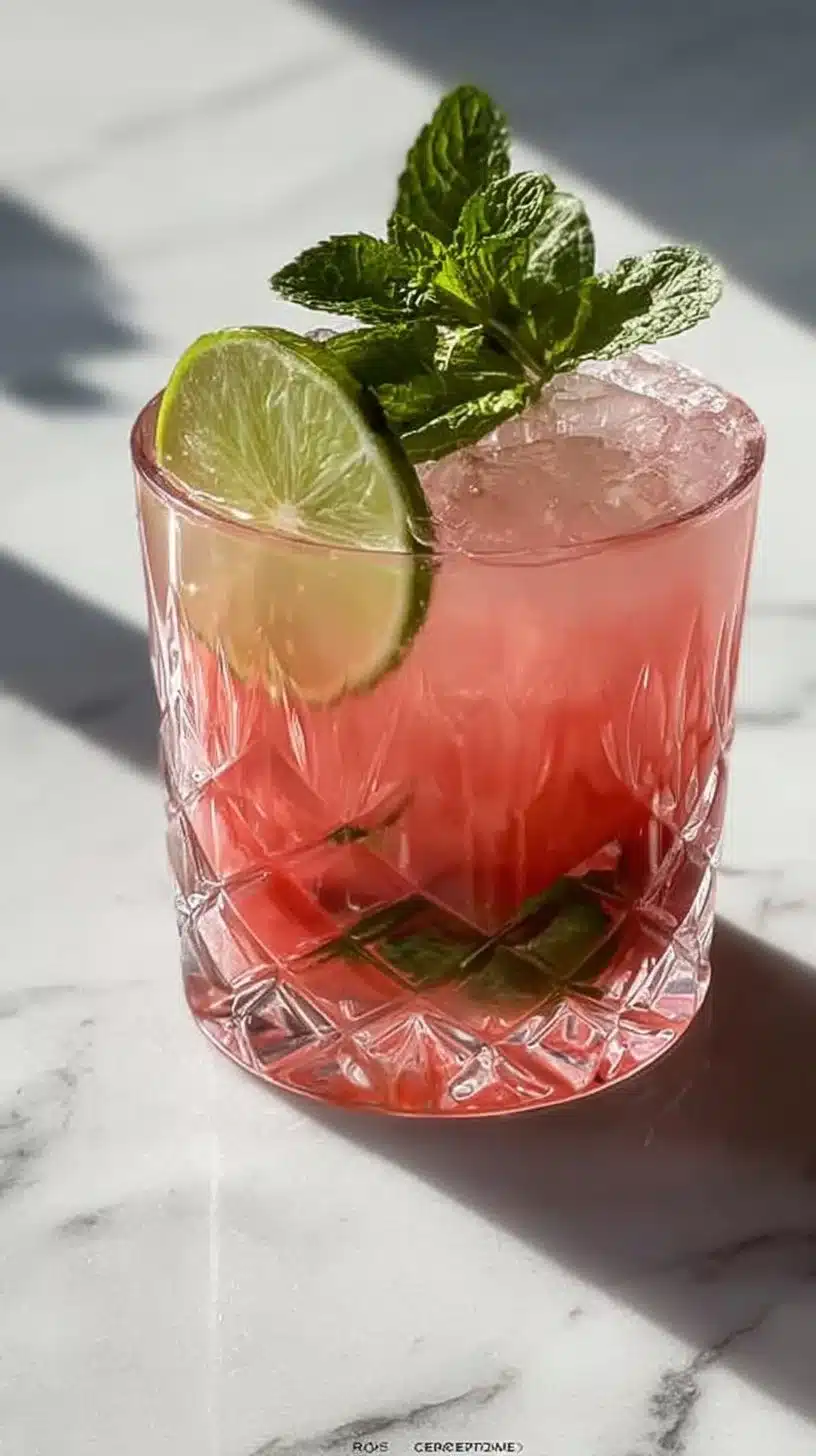 Watermelon Mint Mojito Mocktail in a glass with mint leaves and watermelon slices