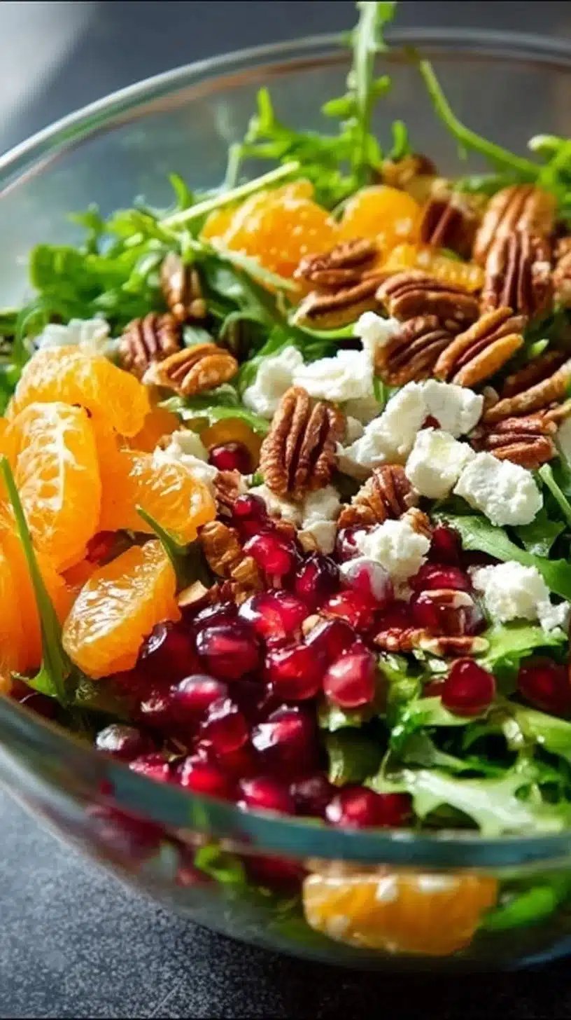 Colorful winter salad featuring fresh greens, seasonal fruits, and a zesty dressing.