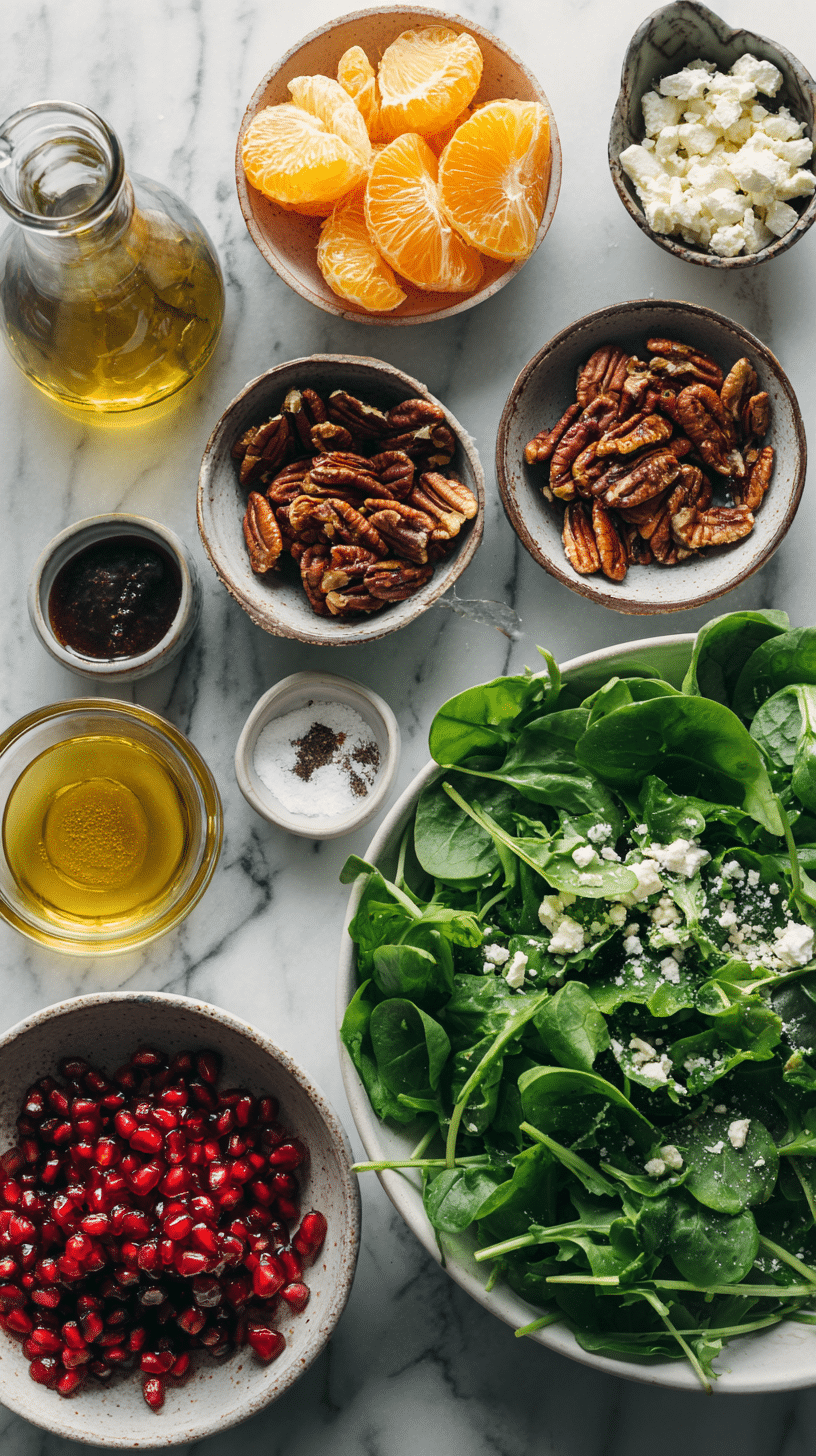Ingredients for Winter Salad including spring greens, oranges, pomegranate seeds, feta, candied pecans, olive oil, vinegar, honey, salt, and pepper.