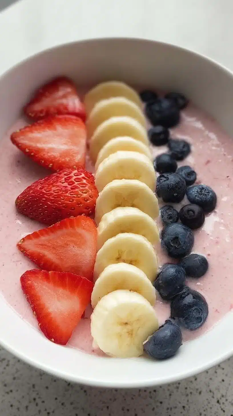 Delicious 5-Minute fruit smoothie bowl topped with fresh fruits and Greek yogurt