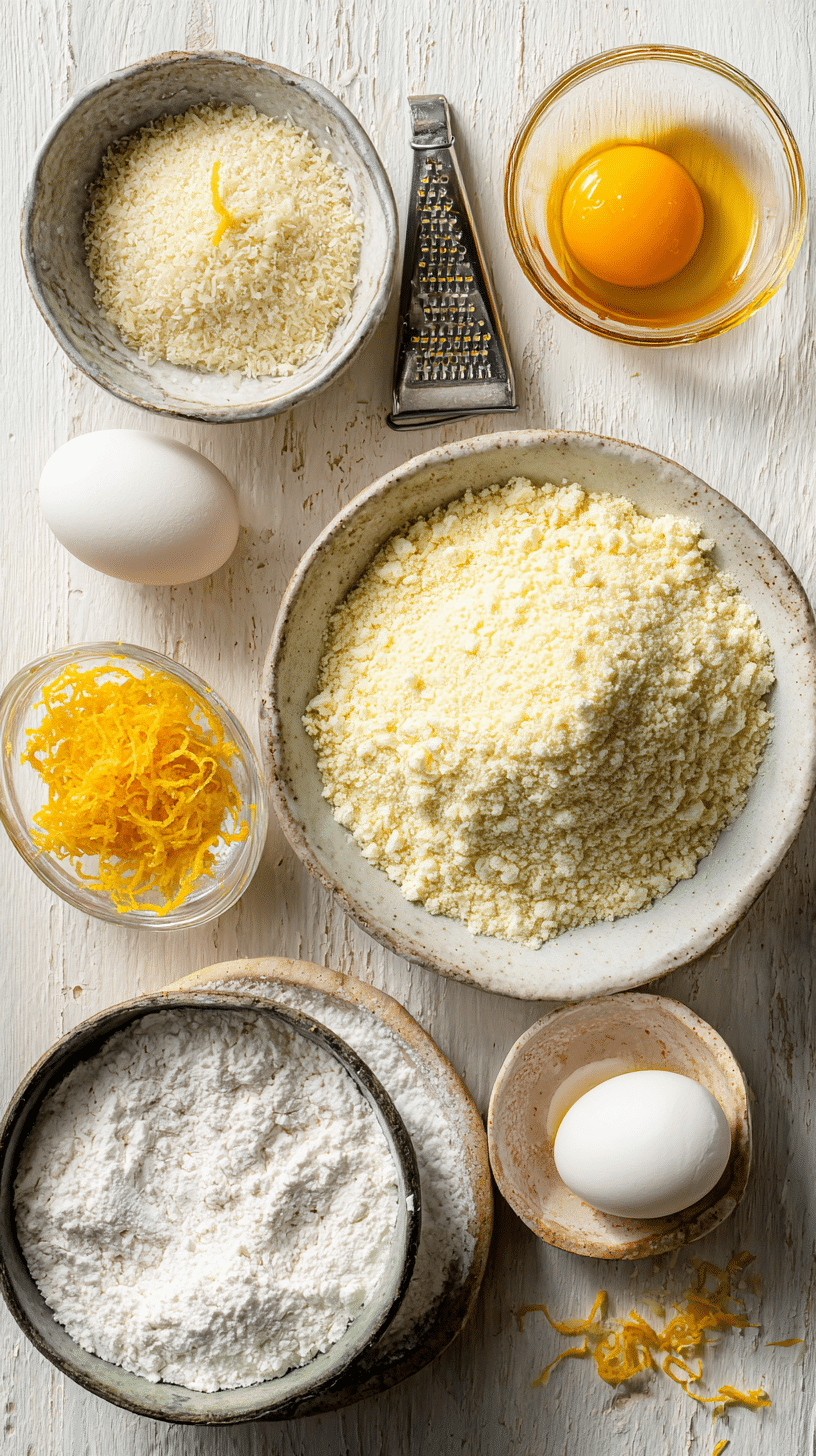 Ingredients for Almond Cookies arranged on a light kitchen surface.