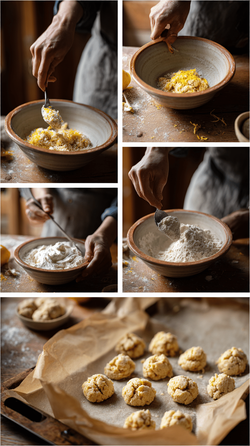 Four-step collage showing how to make Almond Cookies from mixing to baking.