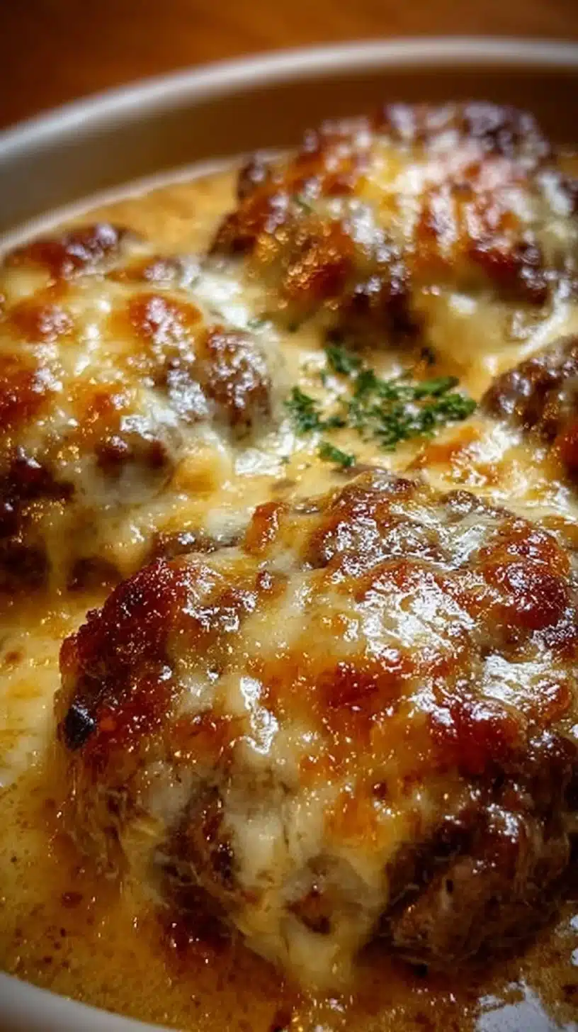 Delicious Amish Hamburger Steak Bake served with vegetables and gravy