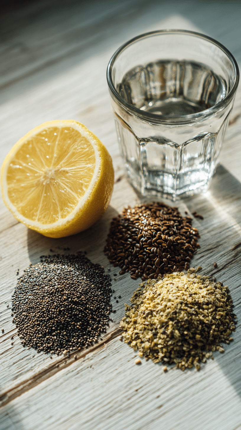 Ingredients for bariatric seed recipe including chia seeds, flaxseed, pumpkin seeds, and lemon