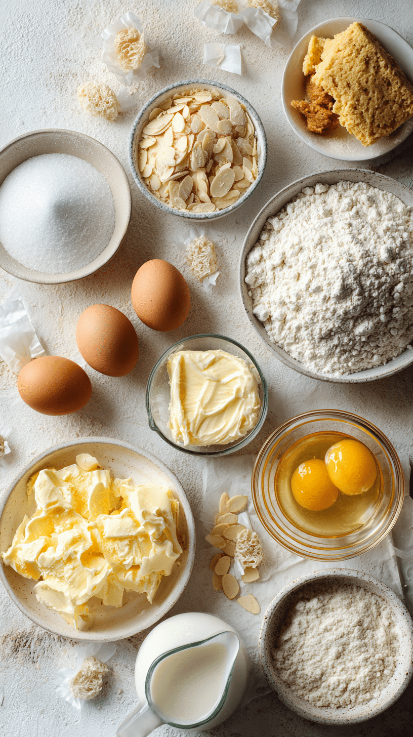 Ingredients for Bee Sting Biscuit Roll including eggs, cream, honey, and sliced almonds