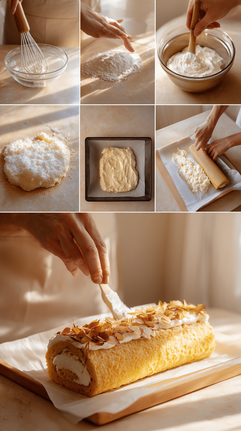 Step-by-step process of making Bee Sting Biscuit Roll from sponge to almond topping