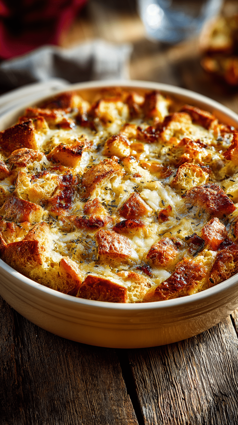 Golden baked breakfast casserole with melted cheese and bread cubes in a ceramic dish